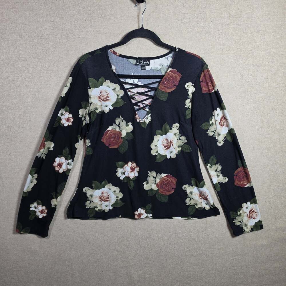 J For Justify Womens Rose Top With Lace Trim Black Size L Y2K